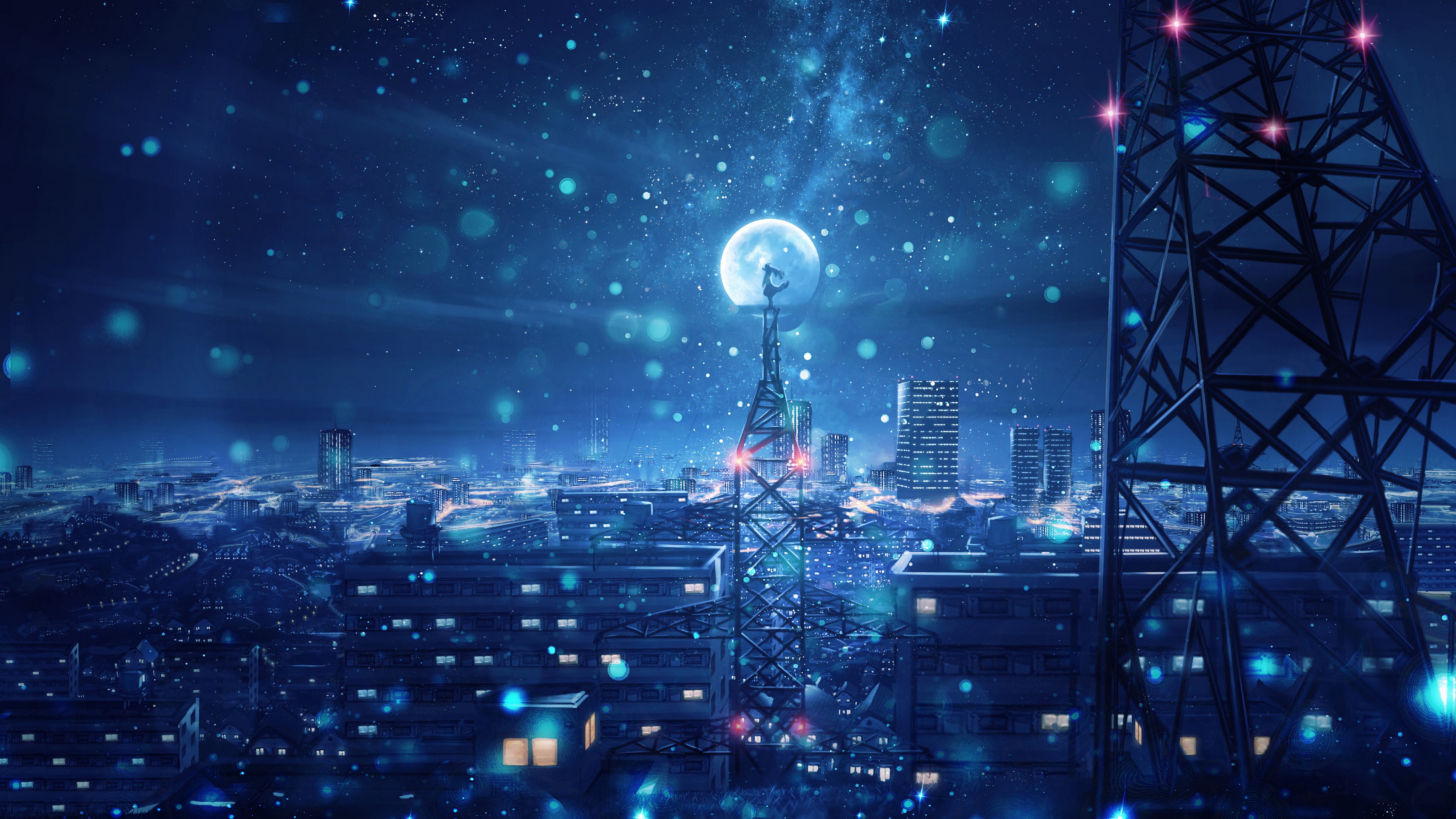 Dream 4K Wallpaper, Blue, Cityscape, Snowfall, Moon, Cold